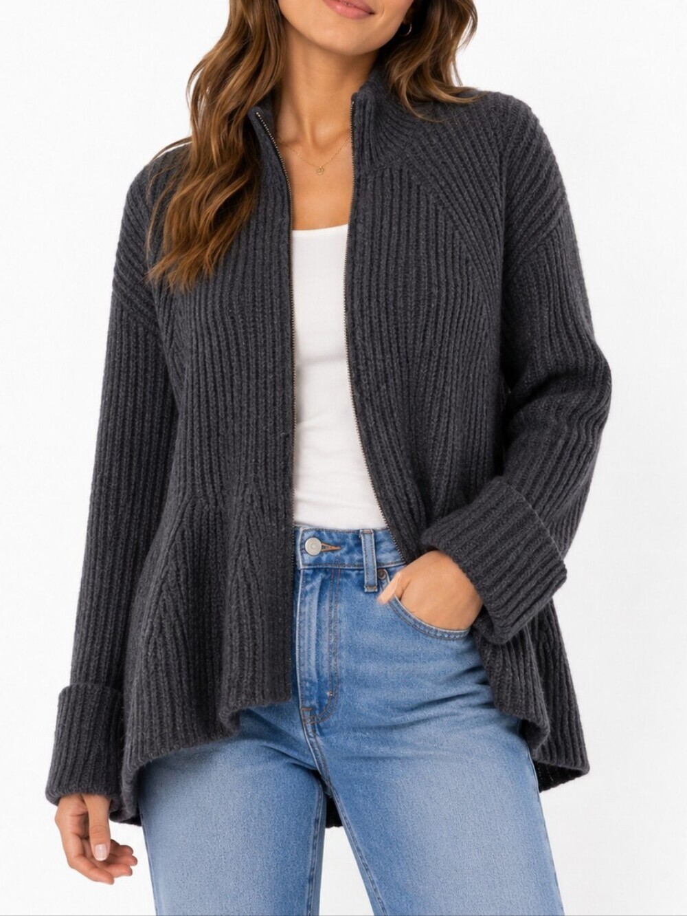 Intermix Cardigan Ribbed Zip-Front Knit in Charcoal Wool Size Small